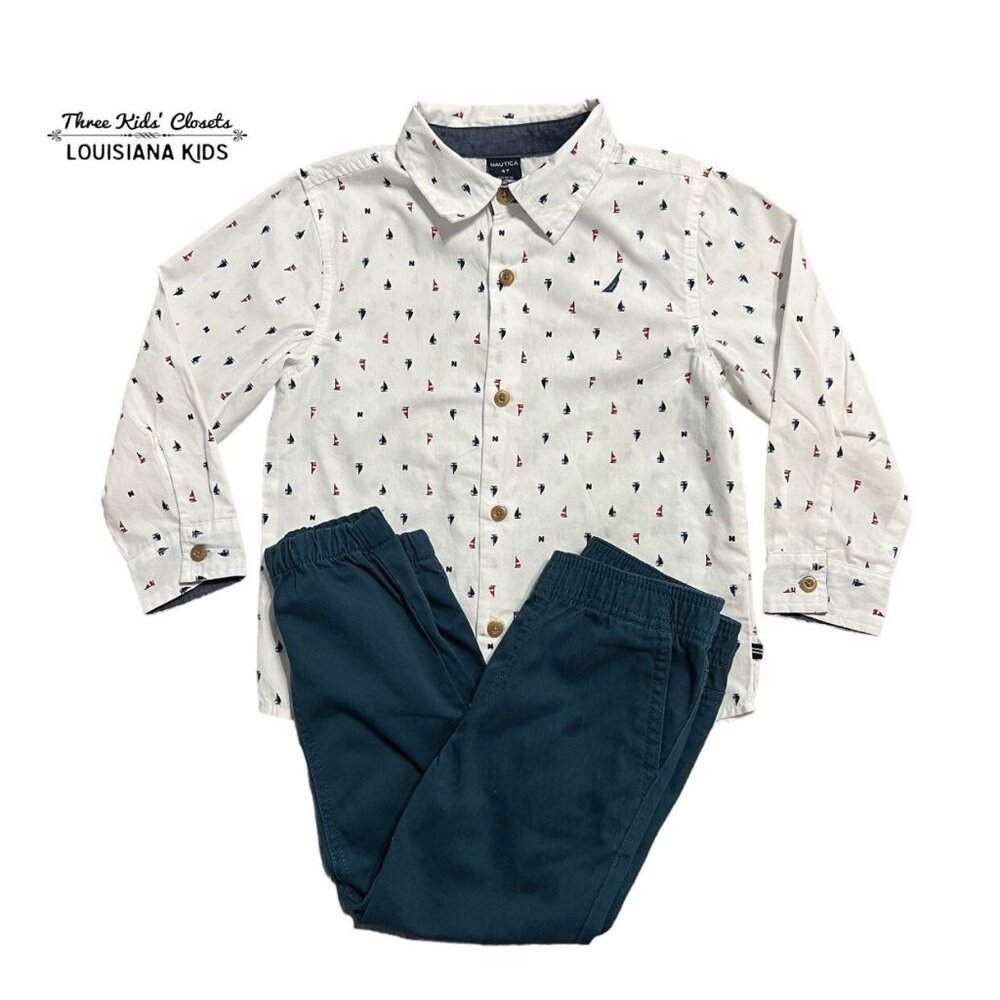 Nautica 4T Sailboat Button Down Shirt & Jogger Pants Set